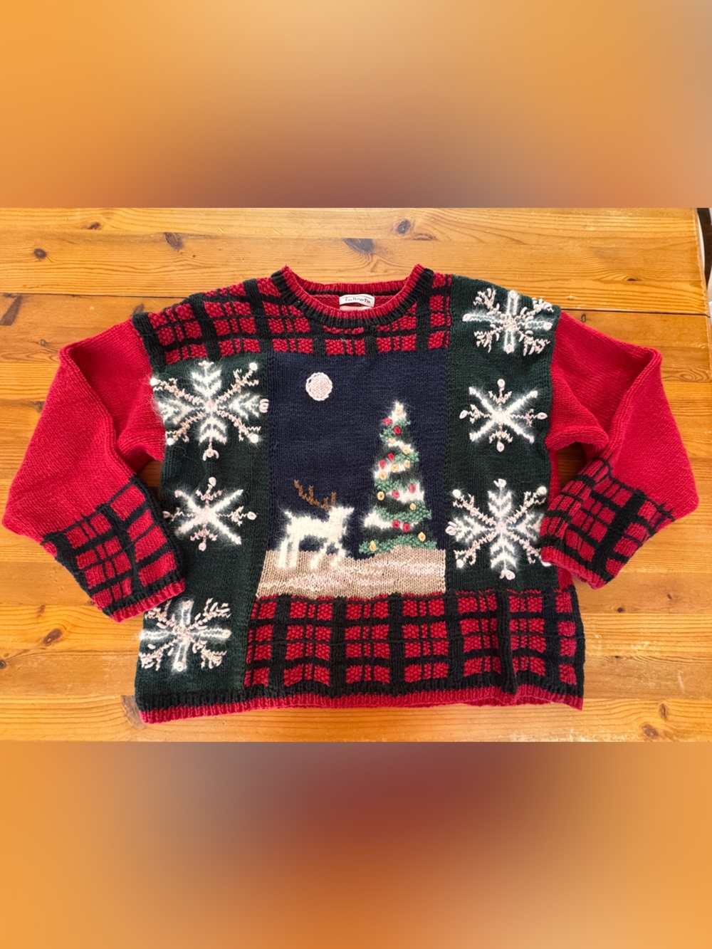 Talbots Red Green Black Holiday Sweater with Tree & Reindeer Embroidery